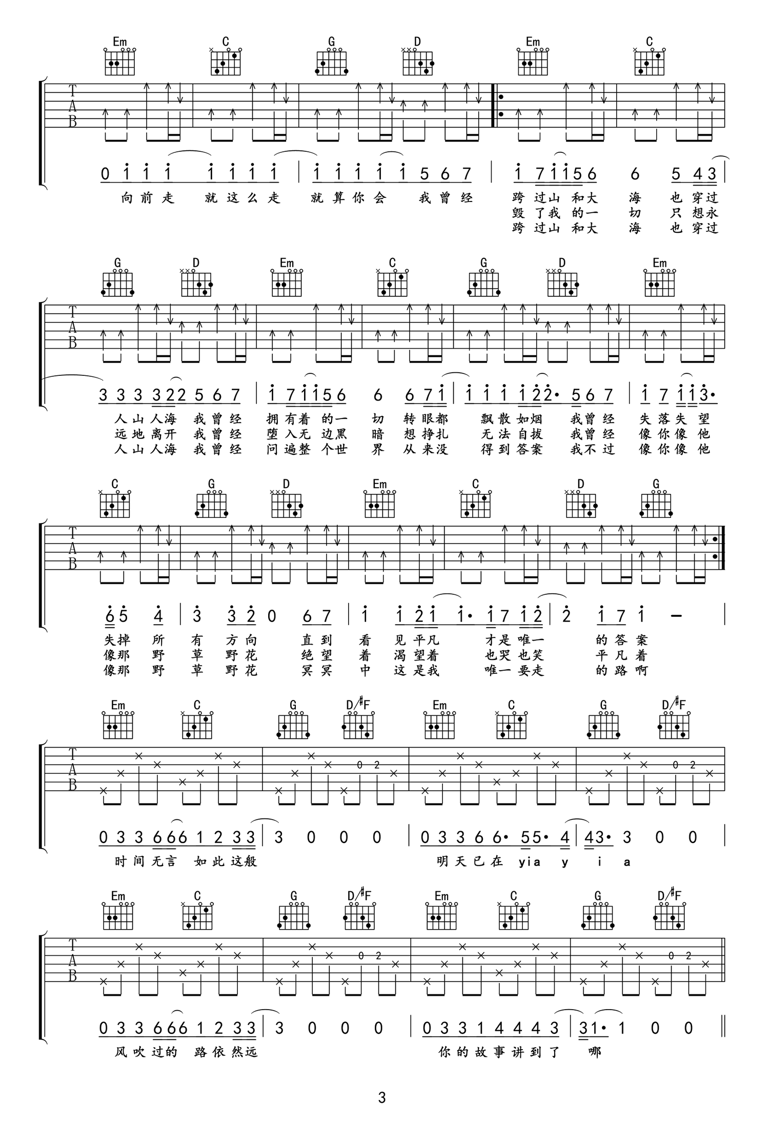 平凡之路吉他谱 朴树《平凡之路》吉他谱 弹唱六线谱